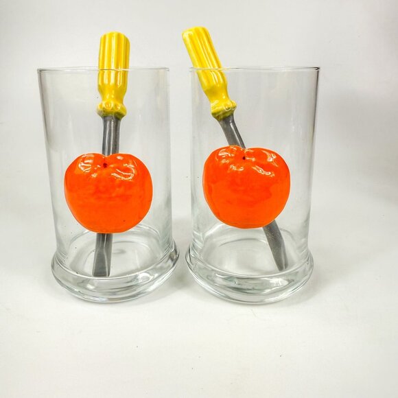 Screwdriver Cocktail Glasses Tumblers Set With Yellow Ceramic Stirrers & Orange - Picture 1 of 5